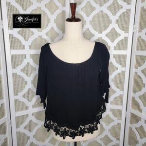 Ambiance Women's Black Tie Short Sleeve Lace Bottom Hem Crop Top Size L